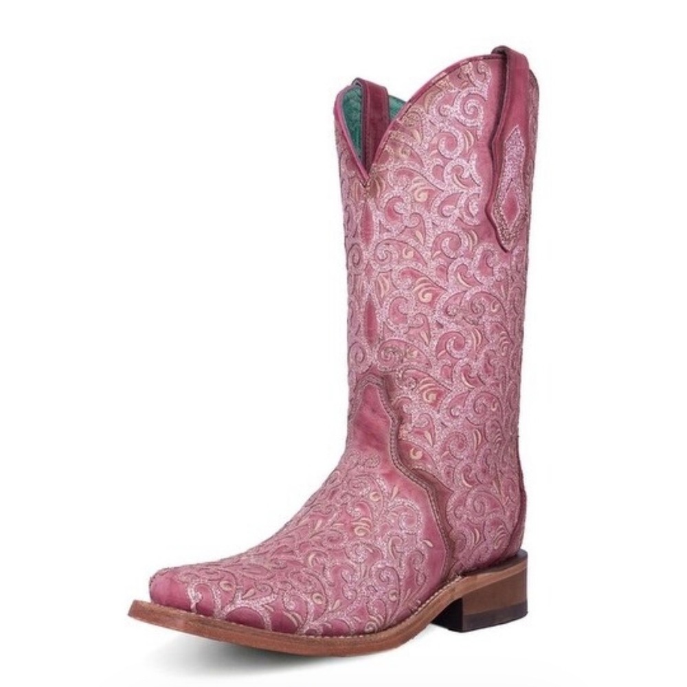 NEW Corral C4060 Triad Glitter Overlay Square Toe Pink Western‎ Cowgirl Boots 7